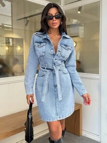 EURMUSE Mini Button And Belt Detailed Rigid Denim Dress - Light Wash - View 3