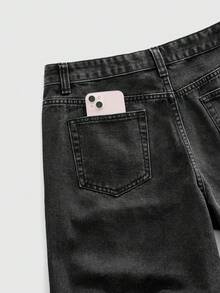 ROMWE MEN Men's Gothic Print Frayed Hem Fashionable Versatile Washed Denim Shorts - Black - View 5