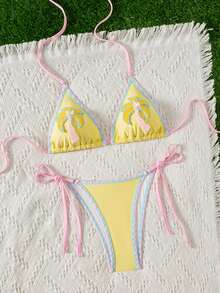 Swim Mod Women's Halter Neck Bikini Swimwear, Pearl & Palm Tree Decor, Suitable For Beach, Vacation, And Dates, Spring/Summer - Yellow - View 4