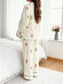 Moonlight&Mama 女士浪漫郁金香印花舒适V领开衫长裤孕妇睡衣套装，秋冬款