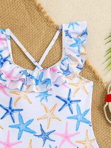 SHEIN Baju Renang Terusan Anak Perempuan Motif Bintang Laut Putih yang Lucu, Baju Renang untuk Liburan Musim Panas, Pesta Kolam Renang, dengan Hiasan Rumbai dan Tali Silang untuk Anak Perempuan Remaja. - MultiWarna - View 3