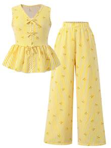 Sparklyn Tween Girl Striped Bow Ruffle Hem Sleeveless Top And Elastic Waist Pants Casual 2-Piece Outfit