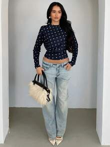 Glamine Simple Polka Dot Knit Long Sleeve Hollow Back Sweatshirt For Women, Daily Wear - Navy Blue - View 6