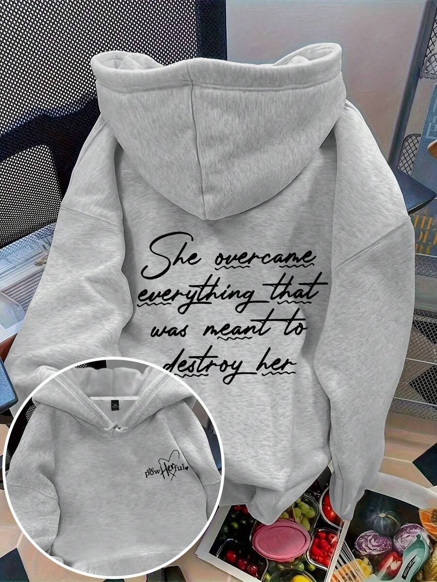 Flirla Sudadera con capucha térmica con cordón y estampado gráfico de letras para mujer de talla grande - Gris Claro - Ver 1