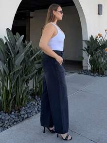 Nezia Cruz Plus Size Women Loose Casual Retro Denim Wide Leg Pants With Pockets - Black - View 6