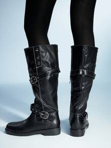 Sugerpunk Women's Fashion Adjustable Buckle Knee-High Boots For Christmas - Black - View 4