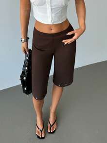 Aloruh 咖啡色针织撞色铆钉短裤，棕色七分裤，辣妹风，复活节，海滩，夏季，锐舞派对，演唱会，乡村音乐会，休闲，波西米亚风 - 咖啡棕 - 查看 5