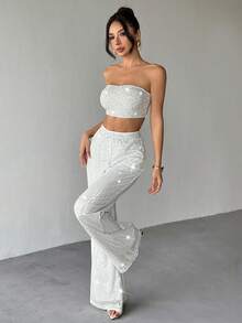 Almamuse Women's Fitted Sequin Embellished Loose Pants 2 Pieces Set - Silver - View 5