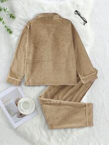 Set de 2 piezas de ropa de estar cómoda para niño preadolescente con cardigan azul marino de felpa de manga larga y pantalones - Caqui - Ver 2