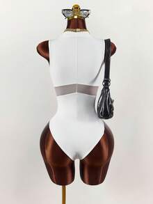Amplova Women's Fashionable Sexy Mesh Patchwork Sleeveless Bodysuit, Suitable For Outdoor Spring/Summer Wear - White - View 6