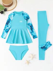 SHEIN 青少年女孩扎染印花分体泳衣套装，插肩袖，休闲假日风格 - 青碧色 - 查看 3