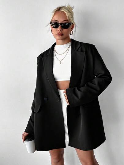 Ritzy Row Women's Casual Oversized Padded Shoulder Mid-Length Double-Breasted Blazer