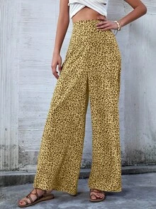 Breezaya Quần ống rộng họa tiết da báo cạp cao thoải mái đa năng - Màu vàng - Xem 3