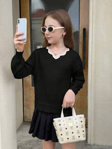 SHEIN Tween Girl Black And White Elegant Knit Wavy Hem V-Neck Bowknot Back Lantern Sleeve Pullover Sweater,Back-To-School Autumn Holiday Casual Fashion - Black - View 3
