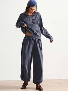 Bohemela Bộ 2 món áo len cổ tròn tay dài màu trơn phong cách BOHO dành cho tiệc Giáng sinh và năm mới thường ngày dành cho nữ - Xám - Xem 1