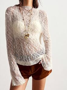 Bohemela Women's Casual Solid Color Knit Lace Blouse - Light Yellow - View 3