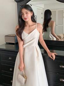 DAZY 女士纯色简约休闲中长吊带连衣裙 - 白色 - 查看 4