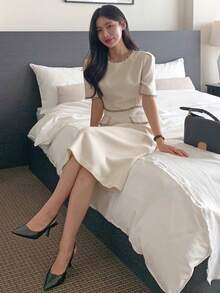 DAZY 女士圆领收腰中长连衣裙，优雅通勤之选