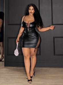 Slaydiva Music Festival Suspender Front Chest Waist Washed White Hollow Strap Tight Mini Dress Black PU Women's Dress - Black - View 5