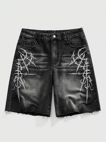 ROMWE MEN Men's Gothic Print Frayed Hem Fashionable Versatile Washed Denim Shorts - Black - View 1