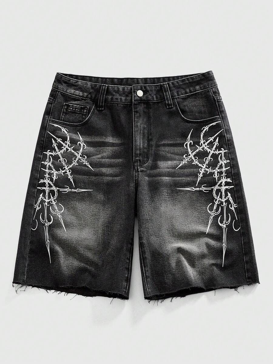 ROMWE MEN Men's Gothic Print Frayed Hem Fashionable Versatile Washed Denim Shorts - Black - View 1