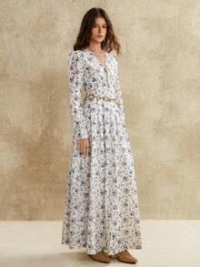 Florisole Women's White And Blue Floral Embroidery Long Dress,Elegant V-Neck Pleated Fitted Waist Long Sleeves Resort Dress,Autumn Tea Party Holiday Dresses - Blue and White - View 1