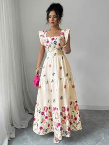 Elenzga Vestido casual de estilo vacacional con cuello cuadrado, mangas cortas y cintura ceñida con estampado colorido para mujer - Albaricoque - Ver 3