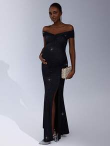 Cheriluna Maternity Maternity Off-Shoulder Backless Tie-Up Split Elegant Luxurious Dress For Photoshoot - Black - View 1