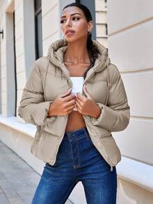 EURMUSE Zip Up Hooded Puffer Coat - Beige - View 3