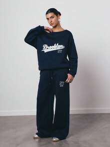 SURIMA 女士宽松露肩卫衣和阔腿运动裤两件套，加厚保暖内衬，适合秋冬季穿着 - 藏蓝色 - 查看 1