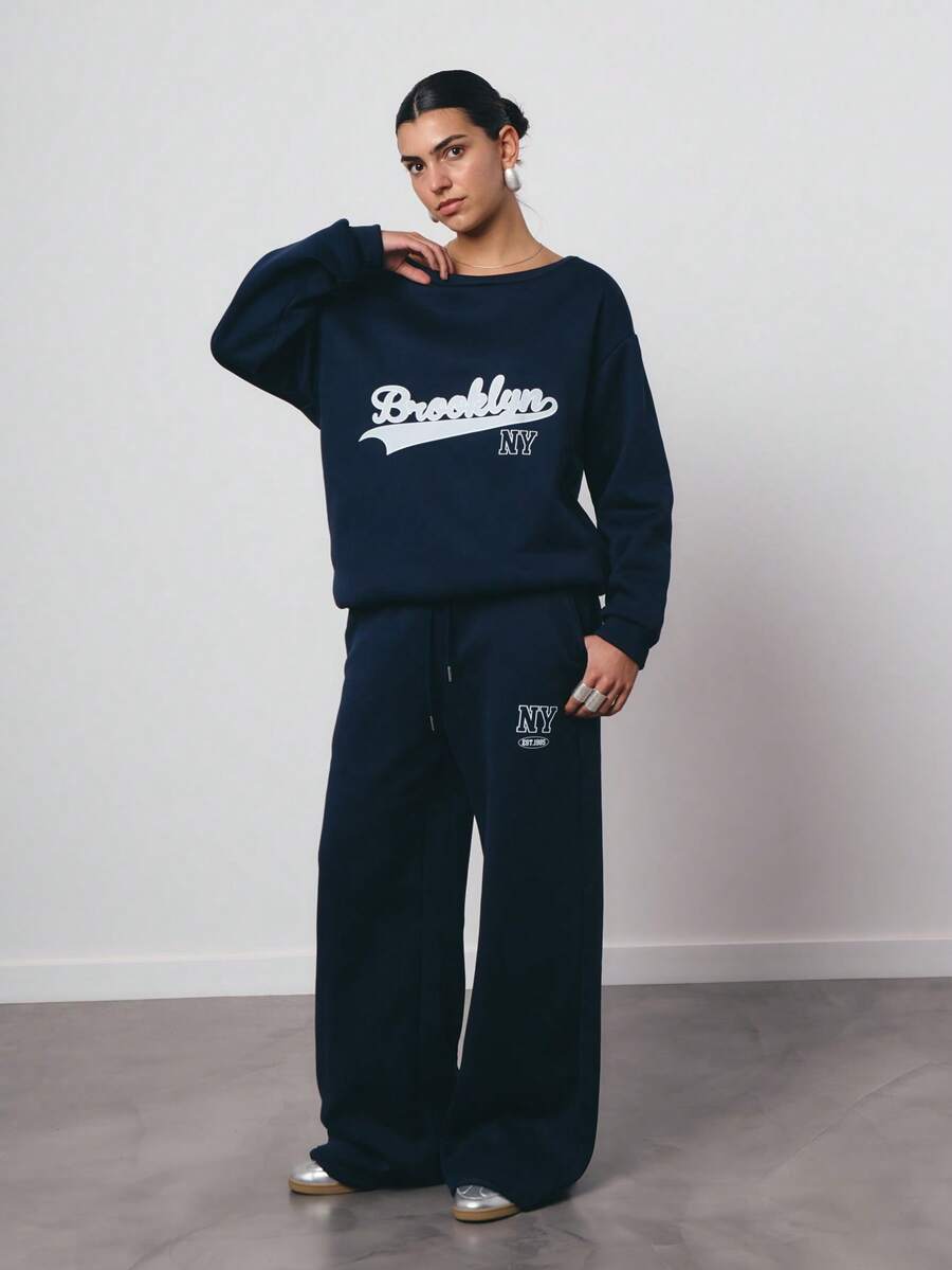 SURIMA 女士宽松露肩卫衣和阔腿运动裤两件套，加厚保暖内衬，适合秋冬季穿着 - 藏蓝色 - 查看 1