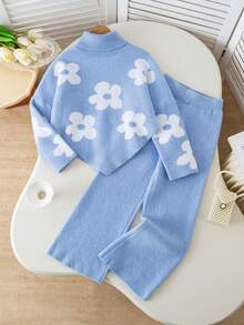 SHEIN 2pcs/Set Girls Floral Sweater & Flared Pants, Autumn/Winter - Blue - View 1