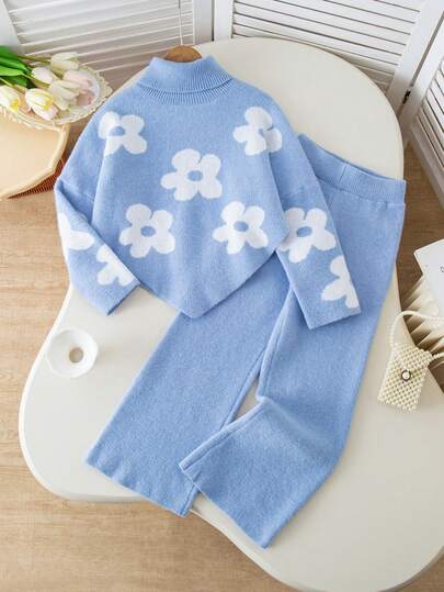 SHEIN 2pcs/Set Girls Floral Sweater & Flared Pants, Autumn/Winter