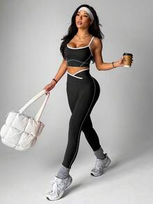 Dewbera Women's Seamless Pink Activewear Set, Striped Crisscross Waist Crop Leggings And Vest Yoga Leggings Set Active Legging Set Gym Leggings Set Curve Activewear Set Active Wear Women Active Sets Crop Top And Leggings Set - Black - View 3