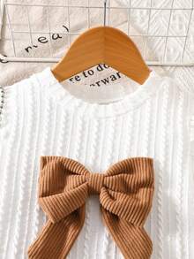 Elladie kids 4-7 anni Ragazze Casual Dolce Bianco Maglia Jacquard Fiocco Decorazione Volant Orlo Manica Lunga Girocollo Top e Rosa Velluto a Coste Vita Elastica Plissettata Gonna, Adatto per Uso Quotidiano, Uscite Casual