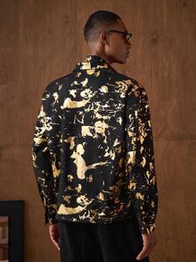 AKNOTIC Business Casual Men's Long Sleeve Single-Breasted Pocket Fashionable Foil Shirt - Black - View 7