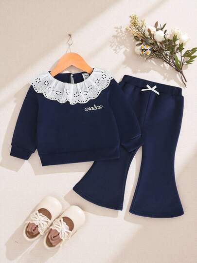 SHEIN Baby Girls' Fleece Sweatshirt Set With Embroidered Floral Pattern, Ruffle Collar, Matching Flared Pants Decorated With Bow, Suitable For Casual, Sweet And Cute Daily Wear