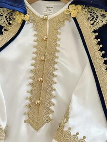 SHEIN 2pcs/Set Newborn Baby Boy/Girl Elegant Luxury White Satin Long Sleeve Romper & Navy Velvet Hooded Cape Outfit, Gold Trim Vintage Traditional Style Suitable For Indoor, Outdoor, Daily,  Party, Photo Shoot, Ceremony, Baby Shower, All Seasons,رمضان,الملابس التقليدية العربية Blue Vintage Baby Boy Outfit Baby New Year Clothes Baby Boy Vintage Outfit - Blue - View 6