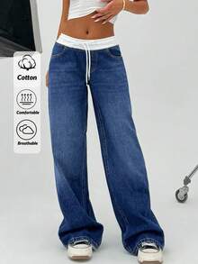 SHEIN 100% Cotton Women Skort Young And Low Waist Wide Leg Baggy Jeans - Dark Wash - View 1