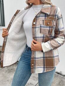 EMERY ROSE Plus Size Women's Plaid Thermal Lined Casual Commuter Fashion French Elegant Street Vintage Versatile Holiday Business Apricot Autumn/Winter Long Sleeve Jacket Regular Outerwear - Mocha Brown - View 7