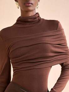 Zivah 秋冬新婚季，情人节新年版适合日常约会、通勤、商务、淑女、优雅、邮轮派对、简约、网络流行、生日宴会、高端派对、打底衫、绒领、长袖裹身、长袖紧身上衣、棕色拉绒羊毛针织面料女式T恤-A - 棕色 - 查看 1
