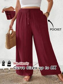 SHEIN CURVE+ 大码女式夏季休闲沙滩裤，时尚商务通勤优雅阔腿裤，带口袋，夏季裤装，适合夏季/乡村/海滩度假/沙滩/沙滩装 - 酒紅色 - 查看 1
