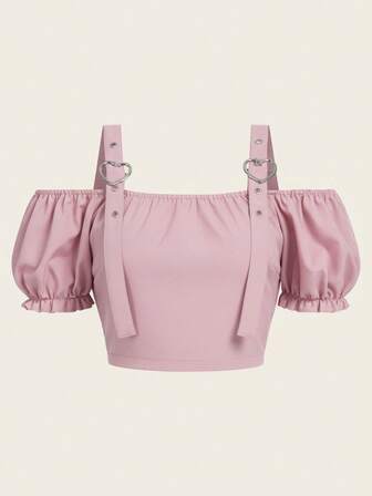 Kawaii Top court ajusté à manches bouffantes à volants avec épaules dénudées, couleur unie, réglable, pour usage quotidien et décontracté, été