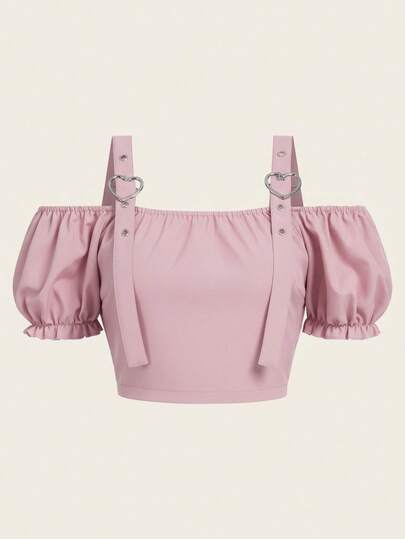 Kawaii Top corto aderente con maniche a sbuffo e spalle scoperte, regolabile, in colore tinta unita, casual e adatto per l'uso quotidiano, estivo