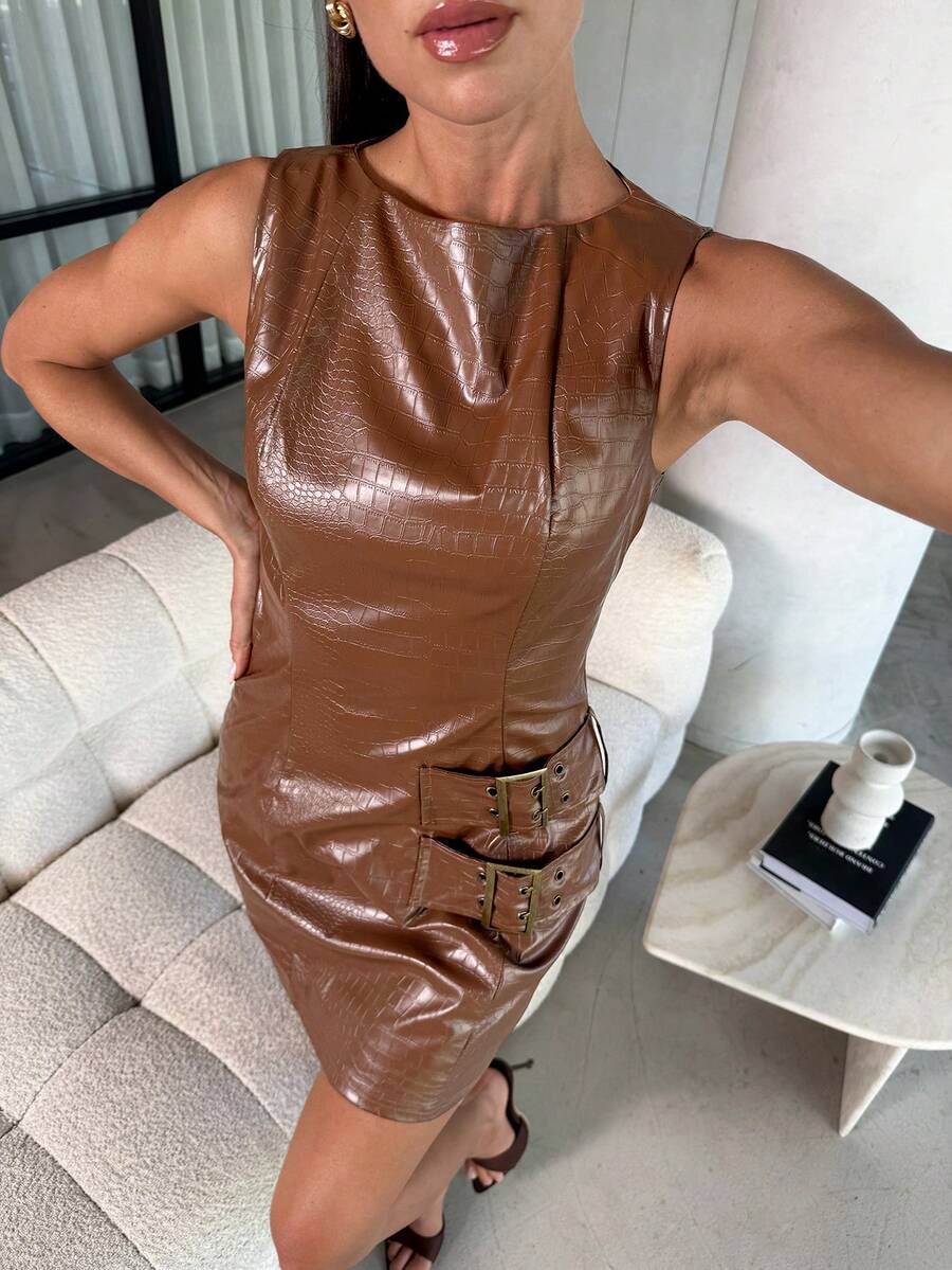 Lavishia Women's Fashionable PU Leather Mini Dress, Bandeau Dark Brown Short Dress,Autumn Girly Night Out Outfits,Vintage Mother Day Graduation Clothes - Rust Brown - View 1