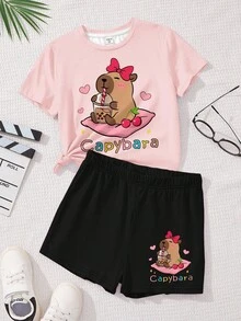 SHEIN Leap Crew 2 件套青少年女孩休闲简约短袖上衣和短裤套装，夏季 - 彩色 - 查看 2