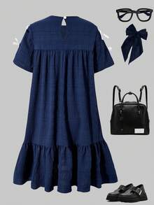 SHEIN Casuvi Kids 女童宽松A字连衣裙，梭织纹理雪纺面料，舒适休闲，蝴蝶结装饰，美式学院风，适合春夏日常穿着 - 藏蓝色 - 查看 2