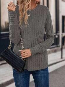 EMERY ROSE 女士休闲日常通勤简约纯色罗纹针织长袖T恤，春秋季 - 灰色 - 查看 5