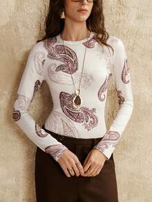 Florisole Camiseta ajustada de manga larga con cuello redondo y estampado casual de moda para mujer - Albaricoque - Ver 6