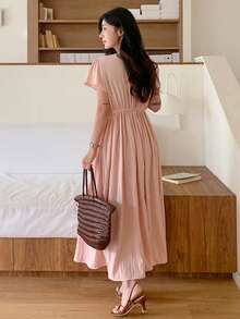 Women's Solid Color Round Neck Raglan Short Sleeve Midi Dress - Pink - View 3